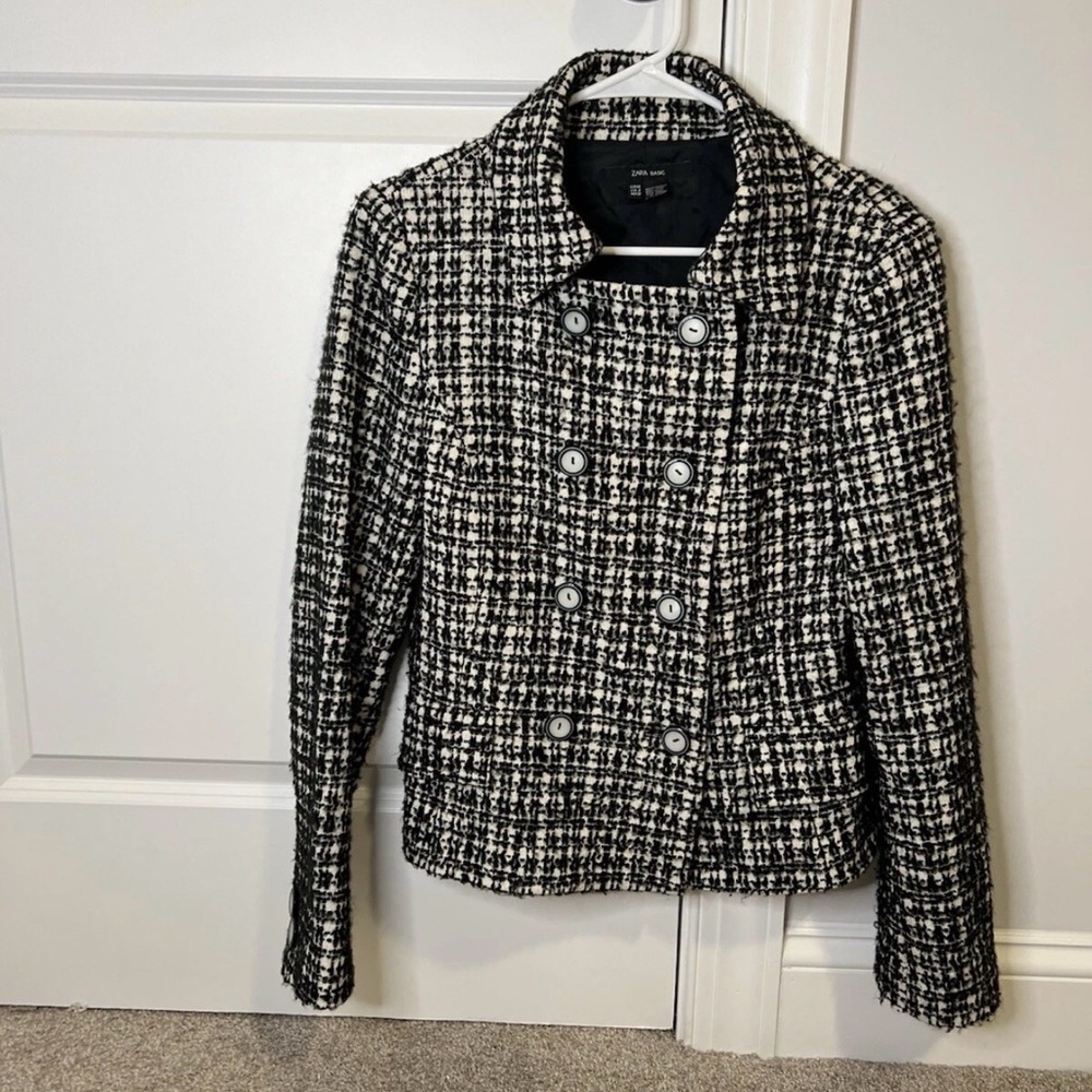 Zara Women’s Jacket Size 8 Tweed Style Mid Length Double Breasted White Black